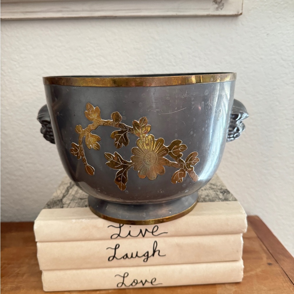 Vintage heavy aged pewter and brass foo dog details- centerpiece-bowl or planter